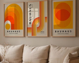 Orange Bauhaus-tryck, set med 3: Abstrakt väggkonst i modern stil från mitten av århundradet