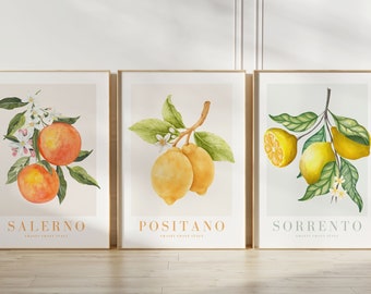 Set of 3 Framed Citrus Wall Art Prints: Italian Lemon & Orange Watercolor Set