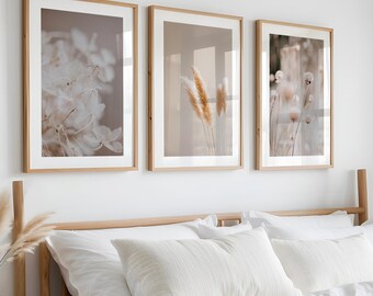 Ensemble de 3 oeuvres d'art mural botanique neutre – tirages photographiques minimalistes beiges, ensemble d'affiches nature douce