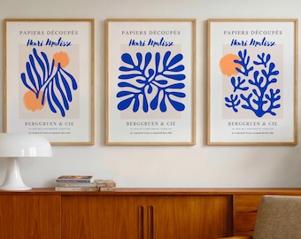 Henri Matisse Blue Cutouts Poster Set of 3, Abstract Botanical Wall Art, Modern French Exhibition Prints
