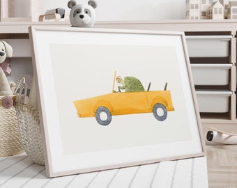 Turtle Car Print: Whimsical Animal Nursery Decor