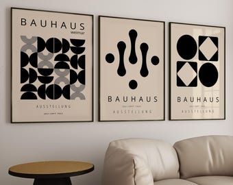 Set of 3 Bauhaus Prints, Geometric Wall Art in Black and Neutral Tones