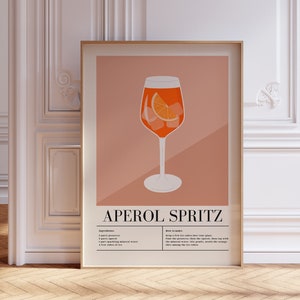 Impresión de Aperol Spritz, impresiones de arte de pared enmarcado, impresiones de carrito de bar, impresiones de cócteles, impresiones de alcohol, póster de Aperol Spritz, póster de receta de cóctel