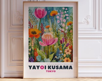 Stampa YAYOI KUSAMA, Arte da parete incorniciata Arte da parete giapponese, Mostra d'arte moderna giapponese Kusama, Arte da parete colorata, Stampa botanica