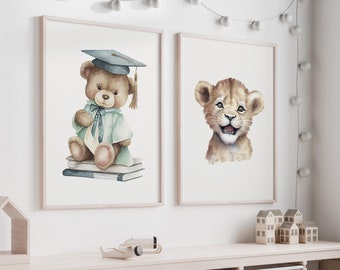 Lion and Teddy Bear Nursery Prints: Framed Animal Wall Art