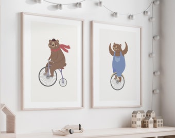 Bear on Bicycle Prints (Set of 2): Nursery Wall Art