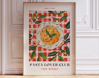 PASTA Lover Club Print, Framed Wall Art Italian Food Poster, Food Wall Art, Kitchen Wall Decor, Pasta Print, Food Illustration