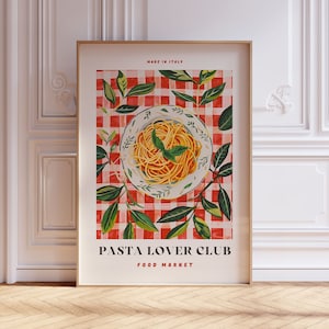 Stampa PASTA Lover Club, Poster con cibo italiano incorniciato, Arte murale con cibo, Decorazione murale per cucina, Stampa di pasta, Illustrazione di cibo