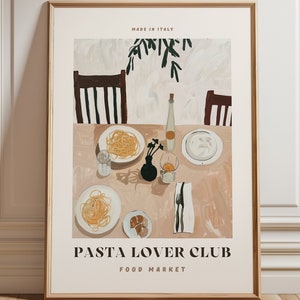 Impresión del Club de los Amantes de la PASTA, Póster de Comida Italiana, Arte de Pared con Marco, Decoración de Pared de Cocina, Impresión de Pasta, Ilustración de Comida