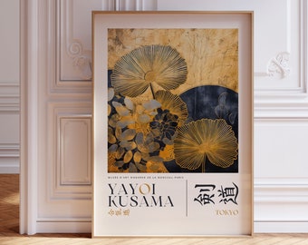 YAYOI KUSAMA print, ingelijste muurkunst Japanse muurkunst, Japanse moderne kunst Kusama tentoonstelling, gouden muurkunst, botanische print