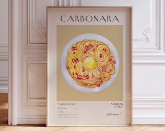 Carbonara Pasta Print, Framed Wall Art Italian Food Poster, Food Wall Art, Kitchen Wall Decor, Pasta Print, Food Illustration
