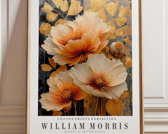 Vintage Botanical Print with Golden Leaves and Cream Blossoms for Bedroom Wall Decor