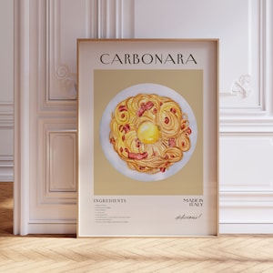 Carbonara Pasta Print, Framed Wall Art Italian Food Poster, Food Wall Art, Kitchen Wall Decor, Pasta Print, Food Illustration