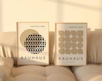 Set of 2 Beige Bauhaus Prints - Mid Century Modern Framed Wall Art