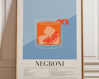 Negroni Cocktail Recipe Poster: Bar Cart Wall Art
