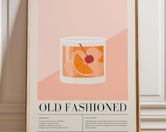Old Fashioned Cocktail Recipe Poster: Bar Cart Wall Art