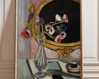 May include: A painting of a still life featuring a bouquet of colorful anemones in a blue vase, set against a backdrop of a gold-framed mirror with a black reflection.