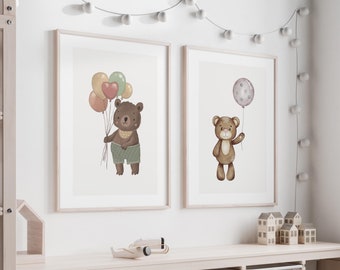 Bear with Balloons Prints: Nursery Wall Art Set