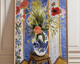 May include: A painting of a blue and white porcelain vase filled with red, pink, and orange flowers. The vase is sitting on a wooden stool in front of a blue and white patterned wall.