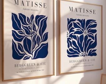 Set of 2 Blue Henri Matisse Floral Prints: Framed Botanical Wall Decor