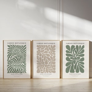 Conjunto de 3 láminas botánicas, Jardín Botánico, Arte mural floral, Arte mural botánico, Colores verde y beige, Arte mural bohemio, DESCARGA DIGITAL