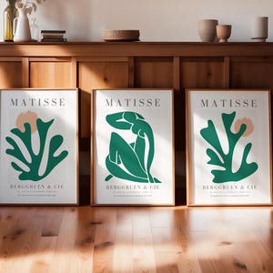 Set of 3 Henri Matisse Cutout Style Poster, Minimalist Sage Green Artwork