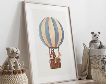 Animals in Hot Air Balloon Print: Nursery Wall Art