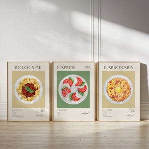 Food Prints Set of 3, Framed Wall Art Bolognese Print, Carbonara Print, Caprese Print, Pasta Print, Food Wall Art, Italian Food Wall Art