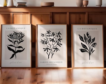 Set of 3 Botanical Prints, Black Floral Silhouettes on a Soft Neutral Background