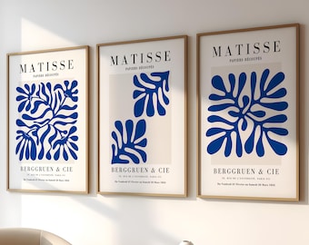 Matisse Blue Abstract Print Set of 3, Scandinavian Minimalist Wall Art, Henri Matisse Cutout Style