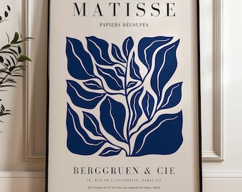 Blaue Matisse Blumen Print: Mid-Century Modern Botanische Wandkunst