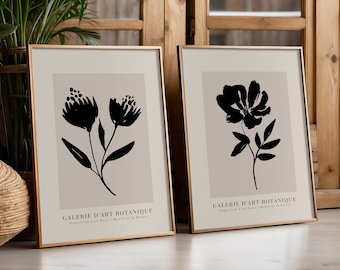 2er-Set Abstrakte Blumen, Schwarz Und Cremiges Blumenwanddekor, Zeitgenössische Moderne Botanische Kunst, Schwarze Blumen, DIGITALDRUCK