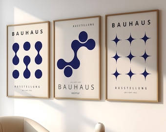 Set med 3 moderna Bauhaus-väggposters, blå geometriska abstrakta konsttryck