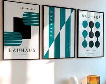 Bauhaus Geometric Poster Set of 3, Minimalist Mid Century Modern Wall Art