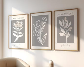 Set of 3 Gray Botanical Wall Art Print, Minimalist Floral Poster Set