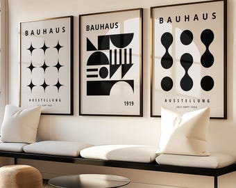 Set of 3 Bauhaus Prints, Black Geometric Wall Art, Minimalist Modern Poster Set for Bedroom