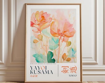 Abstrakter Aquarell Blumendruck, Yayoi Kusama Botanisches Plakat, Pfirsich-Koralle-Wand-Kunst