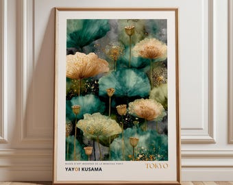 Emerald Green Botanical Poster, Japanese Wall Art, Gold Japandi Nature Print Inspired by Kusama