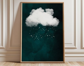 Green Cloud & Stars Print: Abstract Modern Wall Art