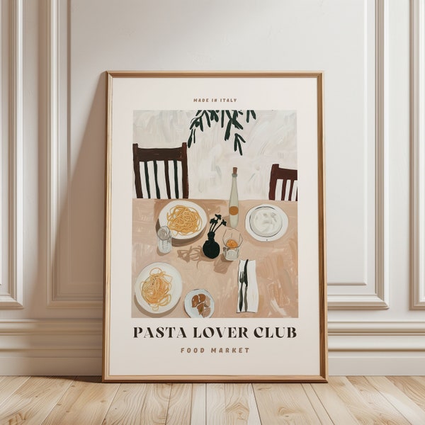 Impression PASTA Lover Club, art mural encadré, affiche de cuisine italienne, art mural nourriture, décoration murale de cuisine, impression de pâtes alimentaires, illustration de nourriture