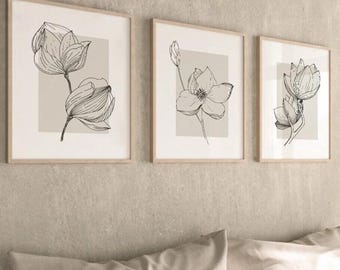 Set of 3 Beige Prints - Framed Wall Art - Botanical Wall Art - Gallery Wall Set - Living Room Decor
