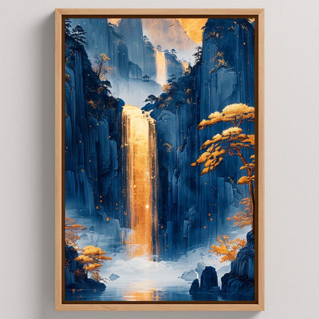 Framed Canvas Gold Waterfall Print - Japanese Art - Etsy