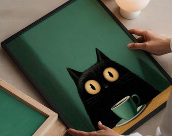 Black Cat Drinking Coffee Print: Humorous Framed Wall Art - Etsy 日本