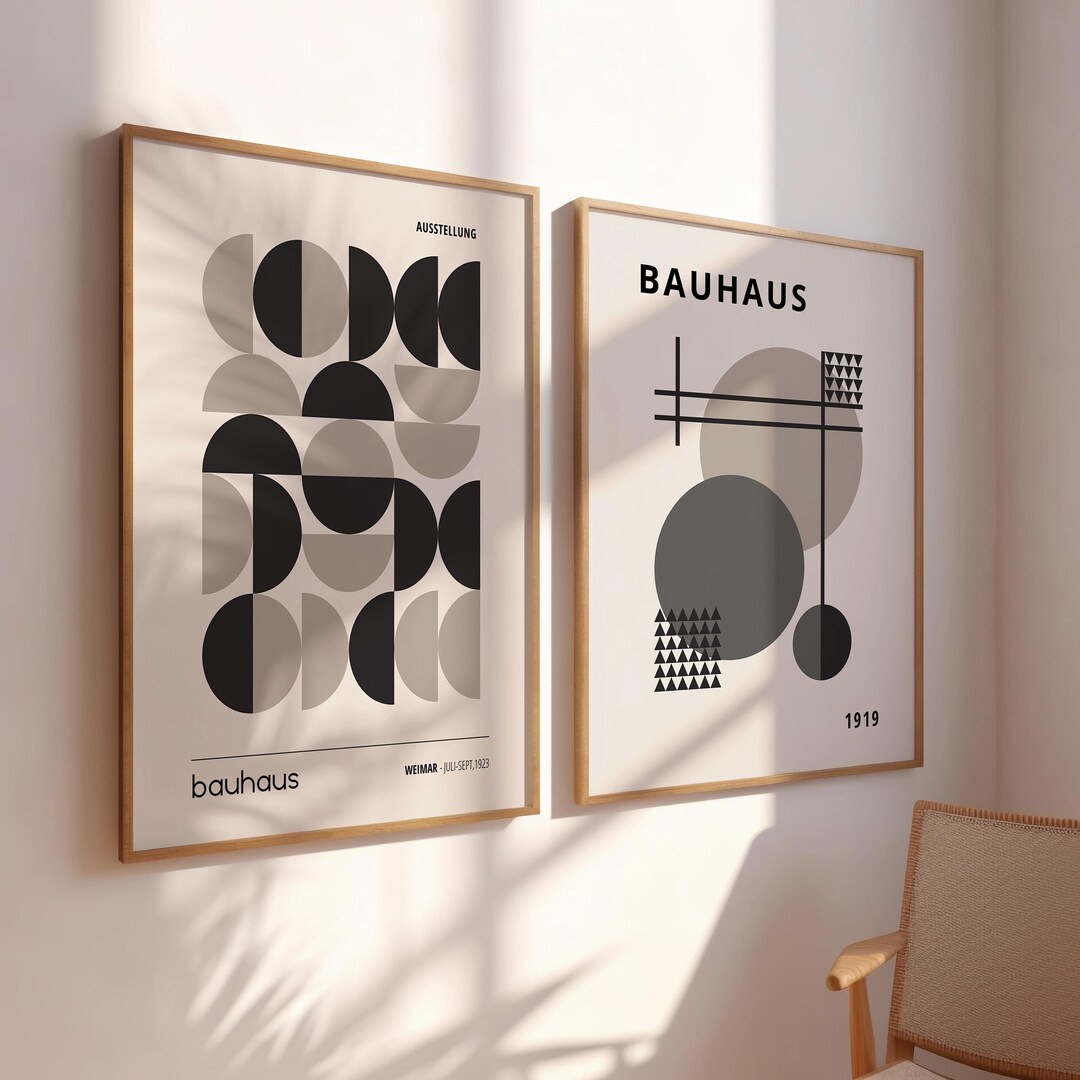 Set of 2 Neutral Bauhaus Prints: Mid-century Modern Abstract Wall Art ...