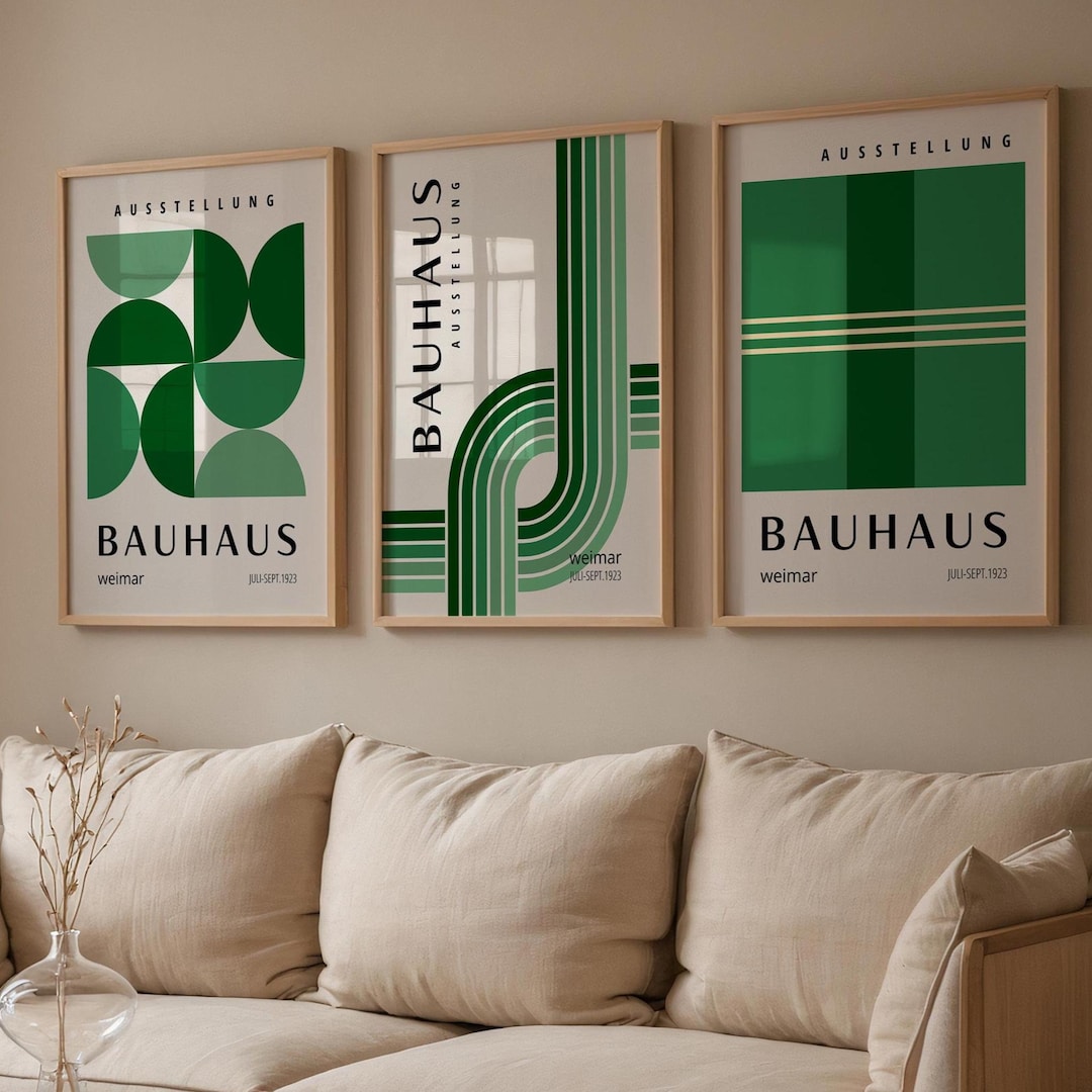 Green Bauhaus Poster Set of 3, Minimalist Geometric Scandinavian