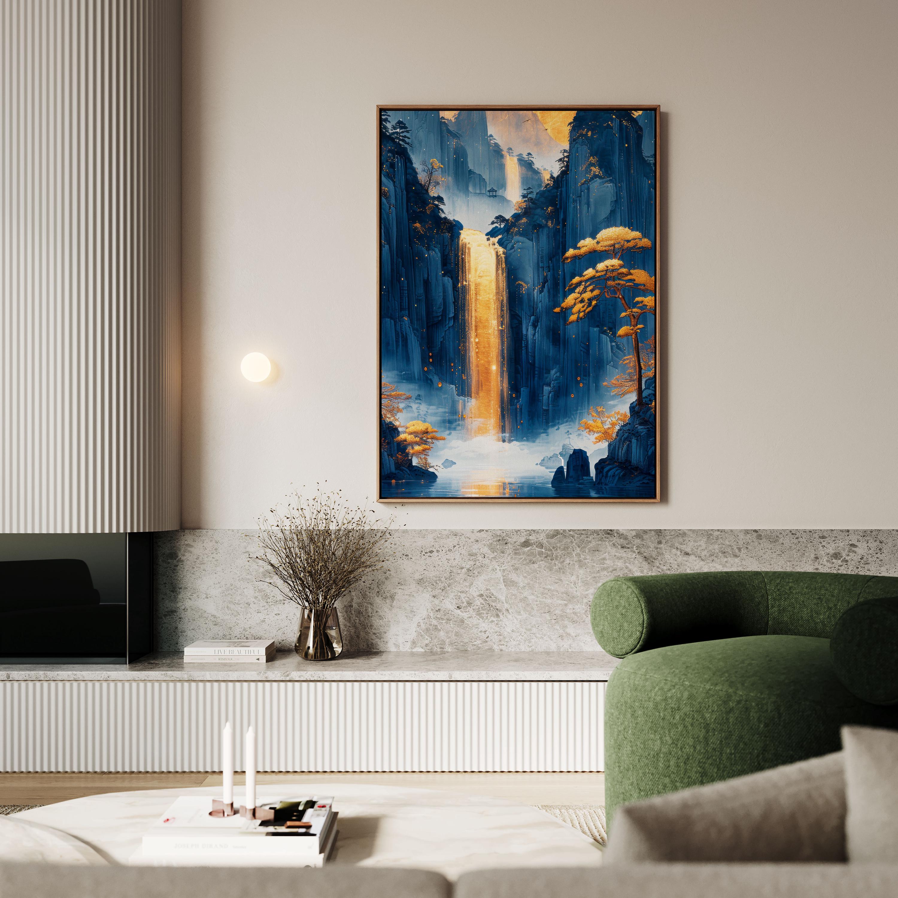 水彩画 風景画 モノクロ 金色フレーム27cm25cm Framed Canvas Gold Waterfall Print - Japanese Art - Etsy