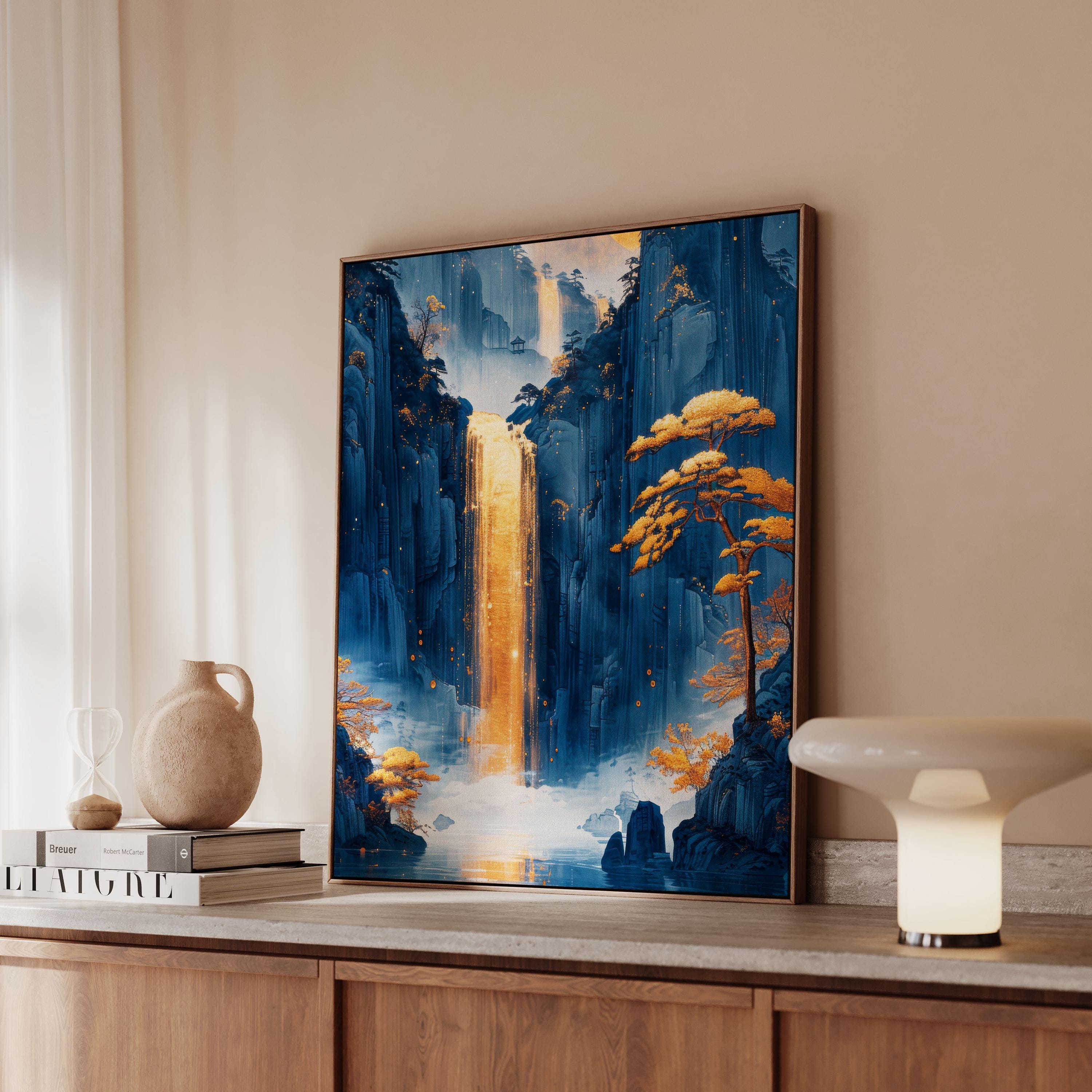 水彩画 風景画 モノクロ 金色フレーム27cm25cm Framed Canvas Gold Waterfall Print - Japanese Art - Etsy