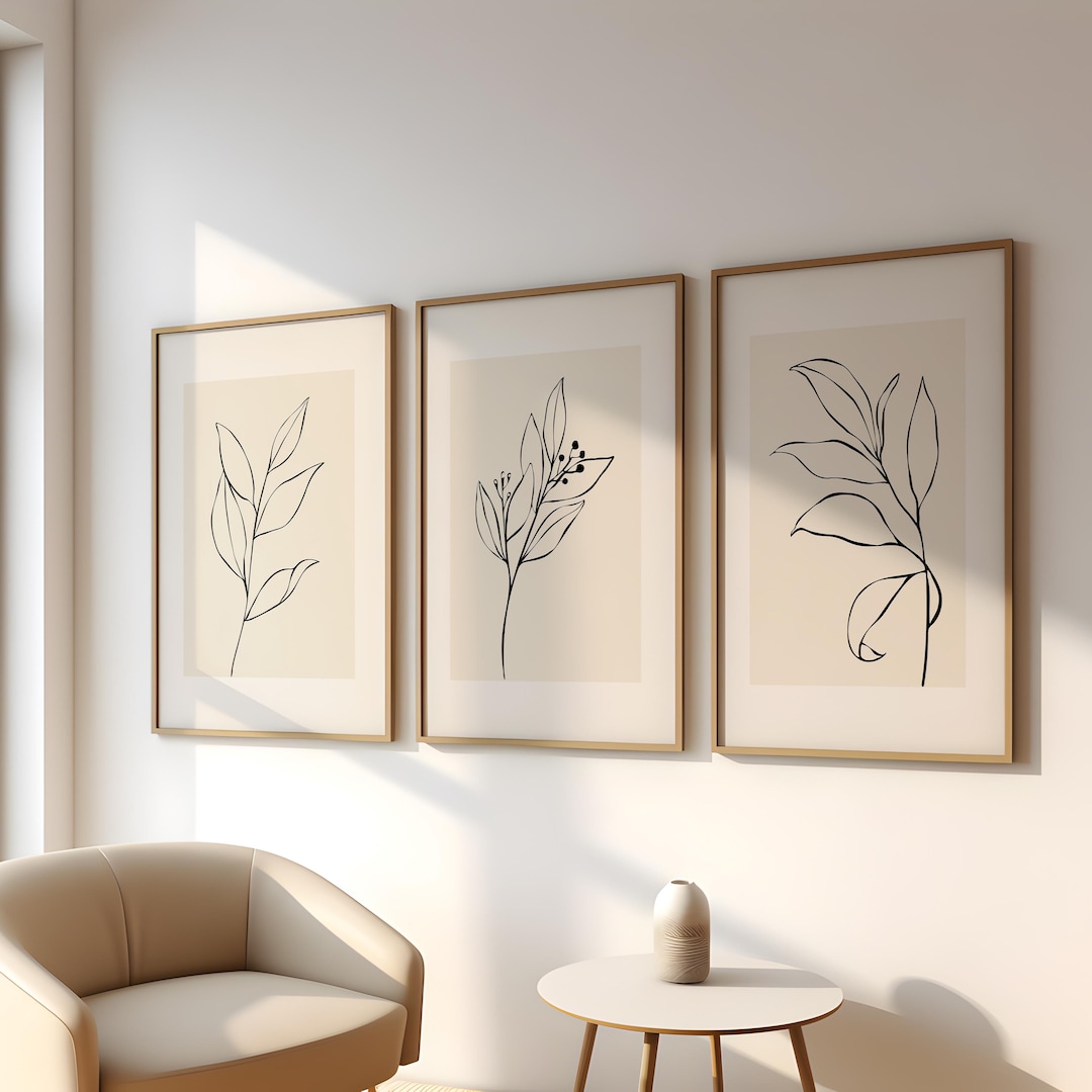 Warm Beige Botanical Line Art Print Set of 3: Natural Gallery Wall ...