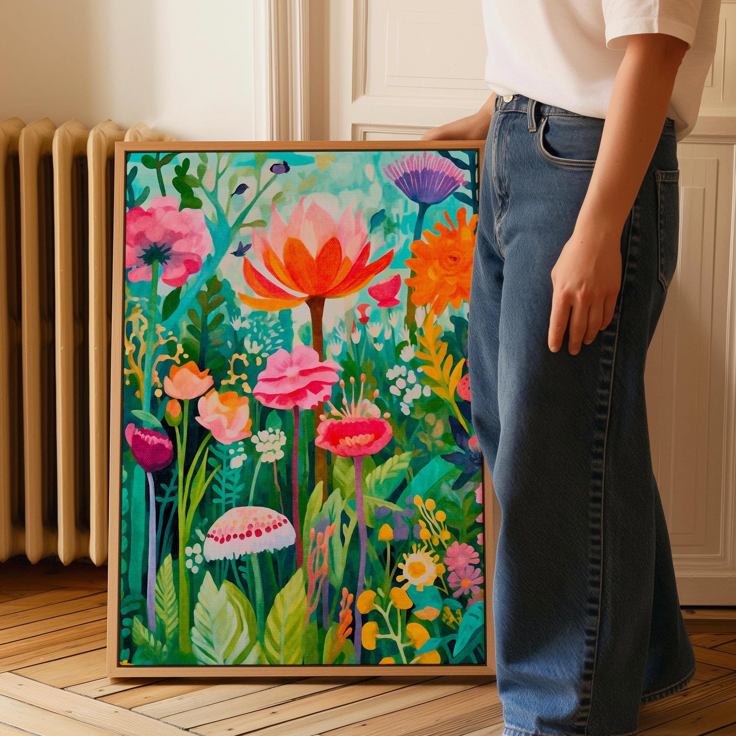Yayoi Kusama Flowers Print - Framed Canvas Wall Art - Large Wall Art - Botanical Wall Art - Colourful Wall Art