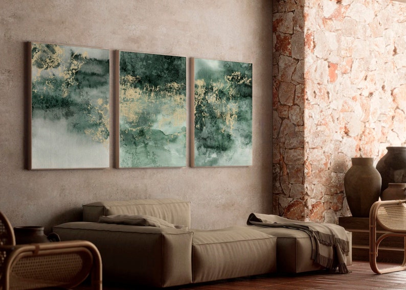 Sage Green and Gold Set of 3 Prints, Abstract Art Prints, Gallery Wall